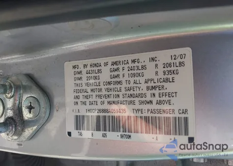 2008 Honda Accord Exl из США, поврежденный, VIN 1HGCP26888A059435